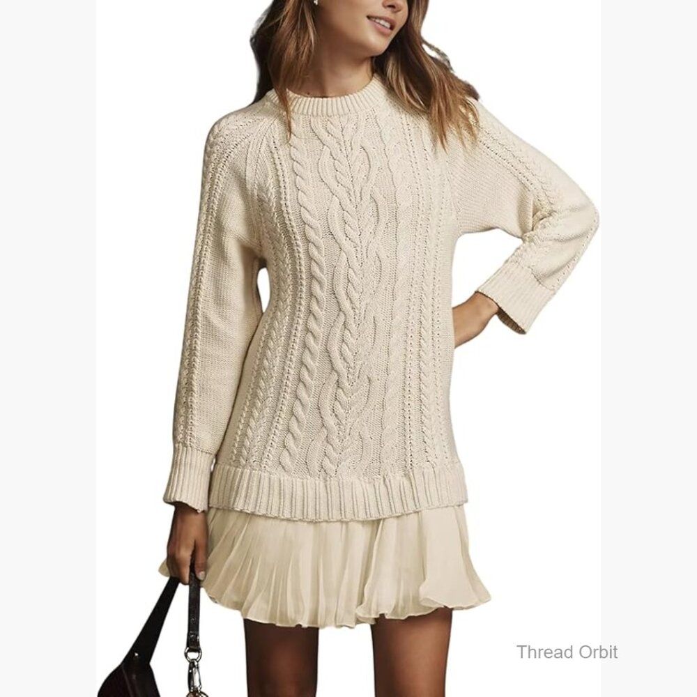 Cable Knit Sweater Dress Long Sleeve Mini A-Line Fall Winter Casual